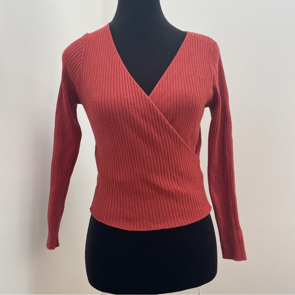 Shein- Burnt Orange Ribbed V Neck Criss Cross Long Sleeve Cropped Top Size S